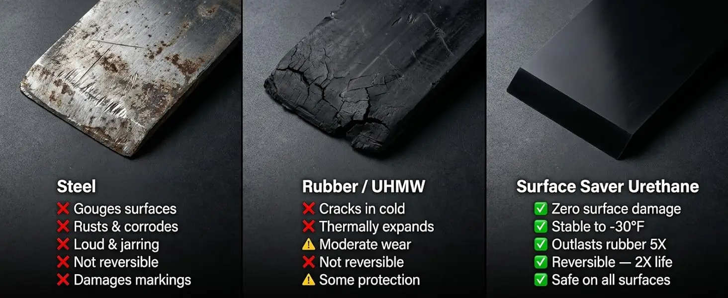 Side-by-side comparison of a worn steel edge, a rubber/UHMW edge, and a Surface Saver urethane snow plow cutting edge.