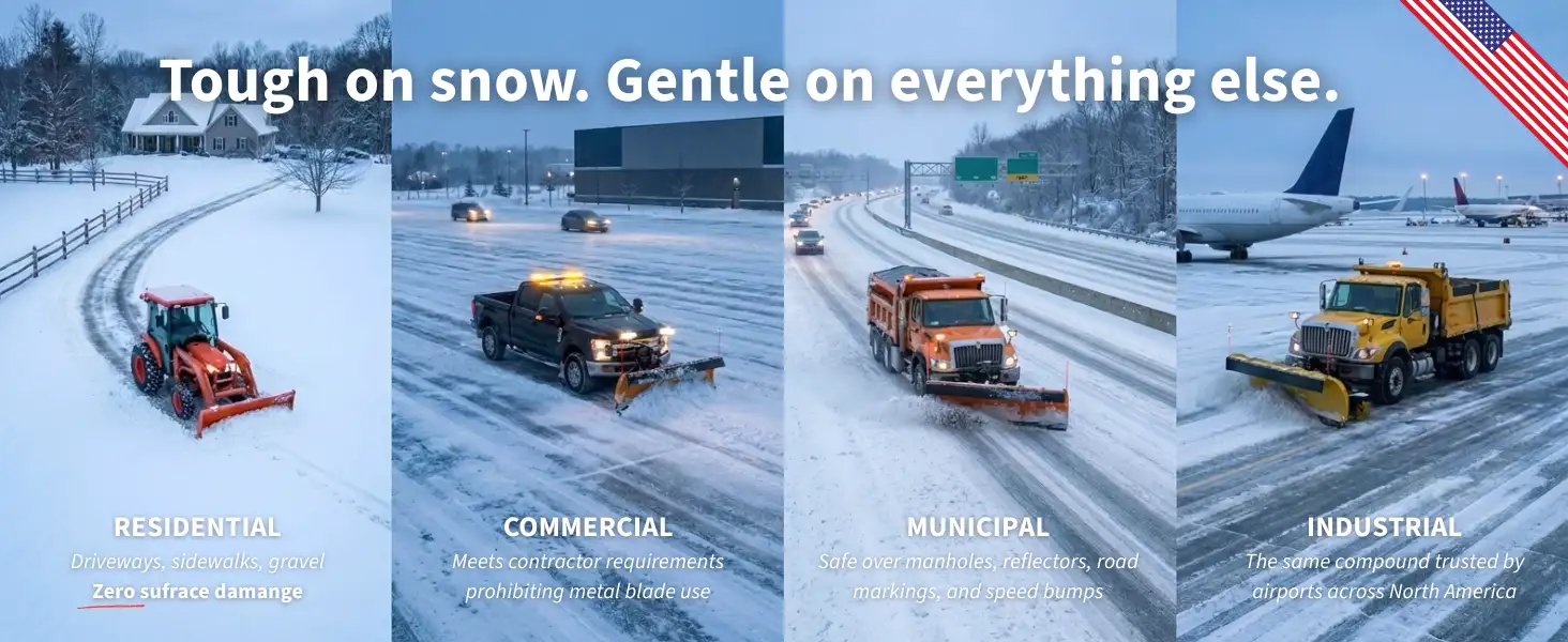 Polyurethane snow plow edges in residential, commercial, municipal, and airport use — tough on snow, gentle on surfaces, with zero surface damage.